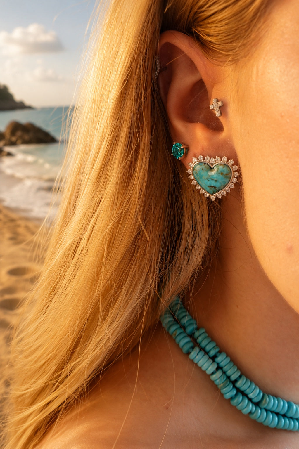 Capri Natural Turquoise & Moissanite Heart Earrings